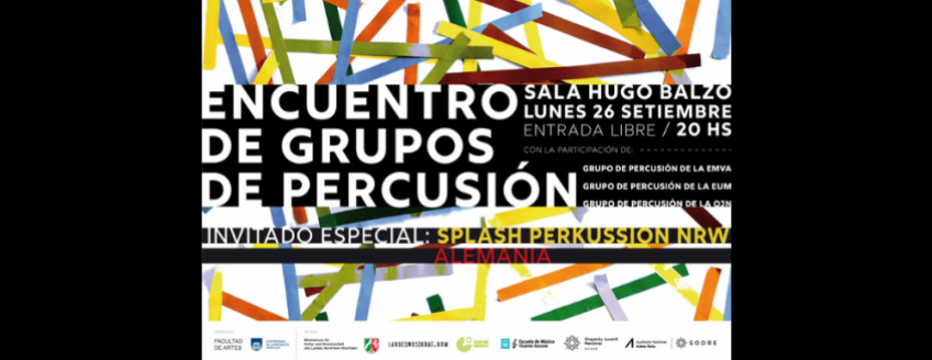Cintas de colores y en el centro letras blancas sobre fondo negro: Encuentro de grupos de percusión, lunes 26 de setiembre, 20 horas, sala Hugo Balzo